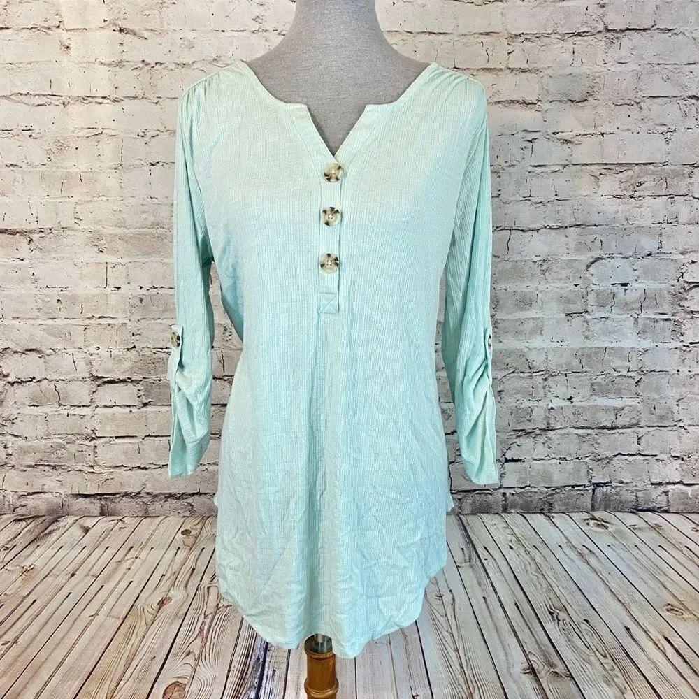 Como Vintage Womens Blouse Top Roll Tab Sleeve Button Stretch Mint Green Size XL